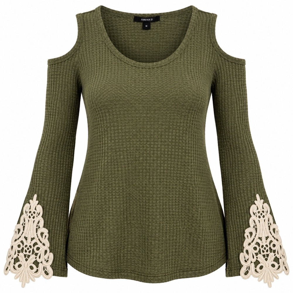 Forever 21 Olive Green Waffle Knit Cold Shoulder Lace Bell Whimsy Sleeve M NWT